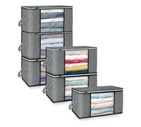 6 Pack Clothes Storage Bags, 35 L Foldable Clothing Organiser, Closet Clothes Storage Containers Boxes Bins with Clear Window & Handles Zips for Comforter Clothing Blanket Pillows, Gray , Fabric