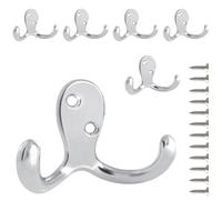 6 Pack Coat Hooks Wall Hooks for Hanging, Heavy Duty Double Prong Metal Hook Wall Mounted for Living Room, Bathroom, Kitchen, Bedroom for Coat, Bag, Scarf, Towel, Hat, Key, Cup (Silvery)