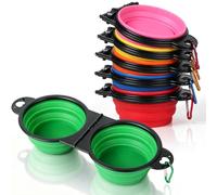 6 Pack Collapsible Dog Dual Bowls Reinforced Rim 180 Degrees Flip Over Foldable Double Bowl with Lock Clips More Stable Dog Travel Bowls Pet Food Water Feeder