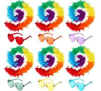 6 Pack Colorful Feather Boas (6.6ft/2m, 50g) & 6 Heart-Shaped Rimless Sunglasses for Costume Dress Up, Stage Performances, Festivals, Hippie Theme
