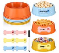 6 Pack Colourful Plastic Dog Bowl Shaped Snack Bowls Reusable Treat Serving Dishes with Blank Bone Labels & Marker Popcorn Fries Candy Party Food Trays for Movie Night Kids Birthday Party