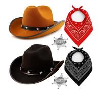 6-Pack Cowboy Dress-Up Set - Black & Brown Star-Embroidered Cowboy Hats with Red & Black Bandanas and 2 Sheriff Badges - Western Costume Kit for Parties, Stag Dos, Hens, Halloween & Fancy Dress Events