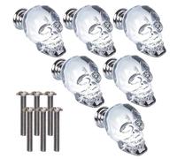 6 Pack Crystal Glass Door Knobs, Skull Furniture Handles Clear Kitchen Cabinet Pull Knobs for Cupboard Closet Drawer, Thickness Between 17-22mm