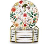 6 Pack Cute Flower Drink Coasters with Holder Funny Ceramic Absorbent Coaster Set of 6 Decorative Coffee Table Decor Gift Unique Desk Vintage Outdoor Coster Modern Cool Floral Tea Cup Boho Coasters