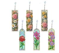 6 Pack Diamond Painting Bookmarks Kit, Church Window Roses Lilies DIY Round Sparkling Crystal Rhinestone Acrylic Bookmarks with Pendants, Book Lovers, Adults & Craft Enthusiasts (Roses)