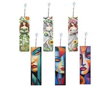 6 Pack Diamond Painting Bookmarks Kit, Forest Goddess and Abstract Face DIY Round Sparkling Crystal Rhinestone Acrylic Bookmarks with Pendants, Book Lovers, Adults & Craft Enthusiasts (Goddess)