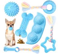 6 Pack Dog Chew Toys Set, Puppy Teething Toys, Blue Textured Rubber Squeaky Ball, Bone, Ring and Rope Toys, Small to Medium Dogs