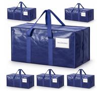 6 Pack Extra Heavy Duty Large Moving Bags with Strong Zipper & Comfortable Handles - Sturdy & Durable Clothes Storage Bags Totes Bins - Large Storage Totes for Dorm, Space Saving - (Dark Blue)