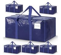 6 Pack Extra Heavy Duty Large Moving Bags with Strong Zipper & Comfortable Handles - Sturdy & Durable Clothes Storage Bags Totes Bins - Large Storage Totes for Dorm, Space Saving - (Dark Blue)