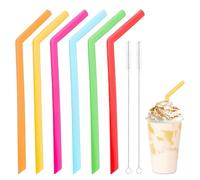 6 Pack Extra Wide Reusable Bent Silicone Straws,Reusable Set - 6 Flexible Reusable Straws + 2 Cleaning Brushes,for Boba, Smoothies, Bubble Tea, Eco-Friendly & Colorful for Thick Drinks, Easy Cleaning