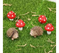 6 Pack Fairy Garden Accessories - 2 Resin Hedgehogs and 4 Wood Mushrooms - Decorative Animals for Miniature Landscape and Wild Garden Supplies