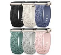 6 Pack Floral Engraved Bands Compatible with Apple Watch Band 40mm 44mm 38mm 41mm 45mm 49mm for Women, Soft Silicone Cute Flower Sport Strap for iWatch Bands Series 9 8 7 6 5 4 3 2 1 SE Ultra Ultra 2