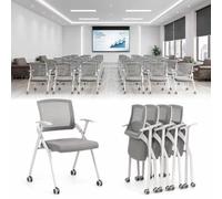 6 Pack Folding Office Chairs with Wheels, Modern omic Mesh Conference Room Seating, Armrest Rolling Nesting Chairs, Padded Seats for Meetings, Training, Classroom & Seminar Use