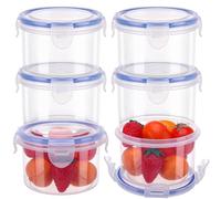 6 Pack Food Containers with Lids, Reusable Snack Pots Airtight Plastic Food Storage Container Round Leakproof Stackable Container Set Storage Pots with Clip-Lock Lid for Friut, Yoghurt, Snack(300ml)