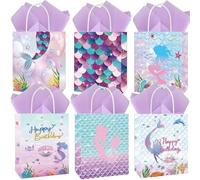 6 Pack Gift Bags,Mermaid Small Paper Bags with Twist Handles 22 * 16 * 8cm,Birthday Gift Bag Set with Tissue Paper for Present for Women Men Kids Parties Girls Baby Shower Xmas Wrap Gift Bags