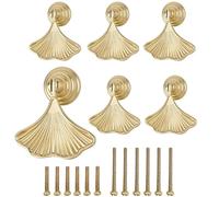 6 Pack Ginkgo Leaf Cabinet Knobs, Brushed Brass Zinc Alloy Single Hole Drop Pendant Decorative Drawer Pull Handles, Rustproof Knobs for Kitchen Cupboards Wardrobes Chest of Drawers