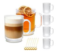 6 PACK Glass Coffee Cups with Handle & Spoon, 12 OZ Glass Coffee Mugs, Ribbed Glass Cups, Clear Tea Cup for Hot/Cold Beverages, Glassware Set for Americano, Latte, Cappuccino