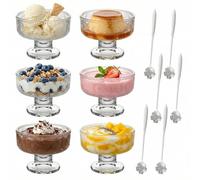 6 Pack Glass Dessert Bowls, Ice Cream Bowls, Prawn Cocktail Glasses Sunflower Pattern Sundae Glasses with 6 Long-Handled Cherry Blossom Spoons for Trifle Salad Yogurt Cake Bowl for Home Party Wedding