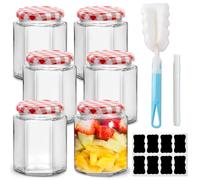 6 Pack Glass Jam Jars with Lids 280ml - Hexagonal Glass Jars with Red Gingham Lids, Labels, Brush & Chalk Pen - Airtight Storage Jars for Jam, Honey, Pickles, Herbs, Candles & Homemade Preserves