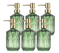 6 Pack Glass Soap Dispenser with Pump 15.2 oz Refillable Liquid Hand Soap Dish Soap Dispensers Vintage Soap Dispenser Liquid Bottle for Kitchen Sink Bathroom Counter(Green,Gold Pump Head)