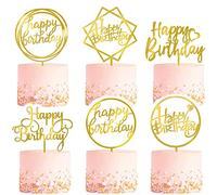 6-Pack Gold Birthday Cake Topper Set, Double-Sided Glitter, Acrylic Happy Birthday Cake Toppers/Cupcake Toppers, Birthday Decorations for Children or Adults.