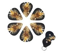 6 Pack Gold Pineapple Guitar Picks with Guitar Pick Holder, Personalized Celluloid Plectrums for Acoustic Guitar, Bass, Ukulele, Cool Bass Accessories Gifts for Men Women 0.96mm