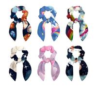6 Pack Hair Scrunchies for Women, Adorable Bow Scrunchies for Thick Hair, Bunny Ear Scrunchies Elastic Bulk Scrunchies Hair Accessories Hair Ties for Girls, Rainbow Unicorn Pattern