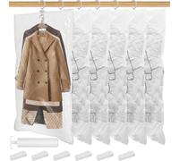 6 Pack Hanging Vacuum Storage Bags with Hand Pump, 110×70cm Space Saving Clothes Sealer Bag, Clear Reusable Closet Dress Bag Wardrobe Organizer for Seasonal Clothing, Dresses, Suits, Coats, Jackets