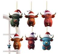 6 Pack Highland Cow Christmas Tree Ornaments, Acrylic Cartoon Highland Cow Hangable Decorations, Acrylic Hanging Cow Christmas Decorations, Cute Highland Cow Pendants for Christmas Tree Decorations