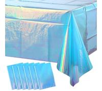 6 Pack Iridescent Blue Plastic Tablecloth, Shiny Blue Disposable Laser Rectangle Table Covers, Blue Holographic Foil Tablecloth Party Decorations for Birthday Bridal Wedding Christmas, 40 x 108 Inch