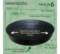 6 Pack Large 35cm Plant Pot Saucers - Black Heavy-Duty Round Garden Trays - Injection Moulded & Frost Proof - Made in UK