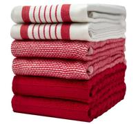 6 Pack Large Tea Towel Set | Absorbent Kitchen Hand Towels | Soft Cotton Dish Towels | Horizontal Ribbed Flat & Terry Towel with Hanging Loop | Vibrant Dyed - Red (50 x 70cm)