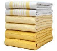 6 Pack Large Tea Towel Set | Absorbent Kitchen Hand Towels | Soft Cotton Dish Towels | Horizontal Ribbed Flat & Terry Towel with Hanging Loop | Vibrant Dyed - Yellow (50 x 70cm)