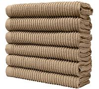 6 Pack Large Tea Towel Set | Absorbent Kitchen Hand Towels | Soft Cotton Dish Towels | Horizontal Ribbed Terry Towel with Hanging Loop | Vibrant Dyed - Tan (40 x 66cm)