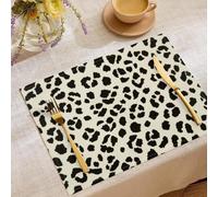 6 Pack Linen Animal Texture Placemats, Leopard Print Square Table Mats, Washable Indoor Outdoor Decor for Kitchen & Dining Table, Black White