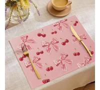 6 Pack Linen Sweet Romantic Placemats, Cherry Bow Table Mats, Washable Indoor Outdoor Decor for Kitchen & Dining Table, Pink Red