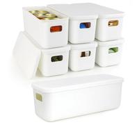 6 Pack Long Narrow Storage Boxes with Lids, 10cm Wide Stackable Kitchen Cupboard Organiser Containers, White Small Plastic Baskets Shelf Bathroom Cabinet Desk Deep Drawer Organising Trays Tubs