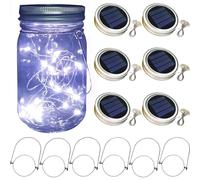 6 Pack Mason Jar Solar Lights 30 LED Outdoor Solar Firefly Lights Mason Jar Lantern Lid with Hangers Fairy String Lids Lights for Patio Garden Yard Tree