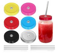 6 Pack Metal Drinking Lid with Straw Hole and Straws Compatible with Mason Jar Regular Mouth, 6 Colors, Dishwasher Safe