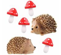 6 Pack Miniature Fairy Garden Accessories, 2 Miniature Resin Hedgehogs and 4 Wood Mushroom, Fairy Mushroom Garden Animals Decorative Accessories for Miniatures Landscape Wild GardenDecorative Supplies