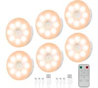 6 Pack Motion Sensor Lights Indoor,1000mAh USB Charging Puck Lights,Under Cabinet Kitchen Lights,Remote Control,Magnetic Battery Operated Stick on Sensory light for Stair Cupboard Wardrobe Closet