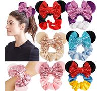 6 Pack Mouse Mickey Ears Scrunchies Velvet Sparkle Sequin Minnie Bows Hair Scrunchies Hair Ties Elastic Rubber Bands Ponytail Holders for Kids Women Girls Adult Christmas Party Decoration