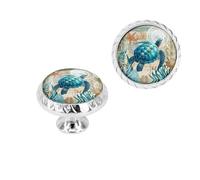 6 Pack Nautical Dresser Knobs, Blue Sea Turtle & Compass Crystal Glass Drawer Pulls for Cabinets, Coastal Kitchen Bathroom Wardrobe Hardware (Silver)