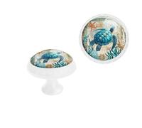 6 Pack Nautical Dresser Knobs, Blue Sea Turtle & Compass Crystal Glass Drawer Pulls for Cabinets, Coastal Kitchen Bathroom Wardrobe Hardware (White)