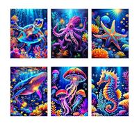 6 Pack Ocean Creatures Diamond Painting Kits for Adults,Colorful Sea Round Drill Diamond Art Kits for Beginners,DIY Marine Animals Crystal Gem Art Painting and Crafts for Home Wall Decor 12x16 lnch.