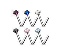 6 Pack of Assorted Colour Gem Top Nose Stud Screw Piercings