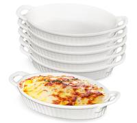 6 Pack Oval Ceramic Baking Dishes Bulk, 24 cm Small Oven Lasagne Dishes with Handles, Heat Resistant Porcelain Dish for Gratin Tapas Cottage Pie and Roasting, White