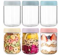 6-pack Overnight Oats Containers with Lids, 16oz Clear Glass Jars with Airtight Lids, Wide mouth Mason Jars, Food Storage Containers for Meal Prep Chia Spice Cereal Snacks Yogurt Salad Pudding Sugar