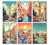 6 Pack Paint by Numbers for Adults - 8x12 Inch City Scapes Paint by Numbers Kits on Canvas for Adults Beginners, Vintage Travel DIY Acrylic Oil Adult Painting by Number, Perfect for Gift Home Decor