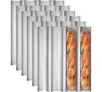6 Pack Perforated Baguette Baking Tray for 4 French Sticks, Non-Stick Carbon Steel Loaf Baking Molds Pan, Heavy Duty Commercial Bread Tin Set - Silver, 38 x 31 cm